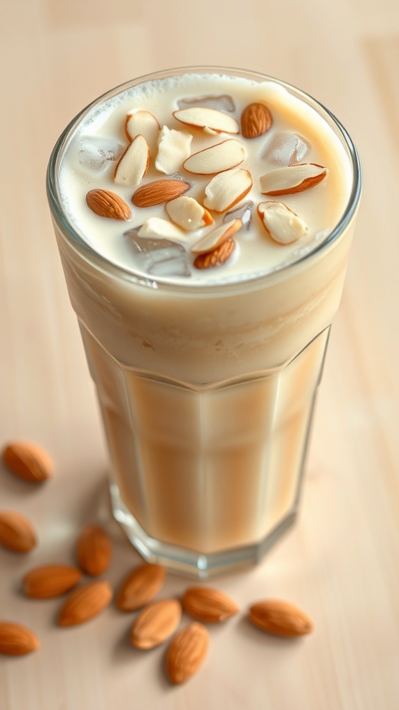 Refreshing Toasted Almond Drink Recipe A glass of creamy toasted almond drink with sliced almonds, served over ice on a wooden table.